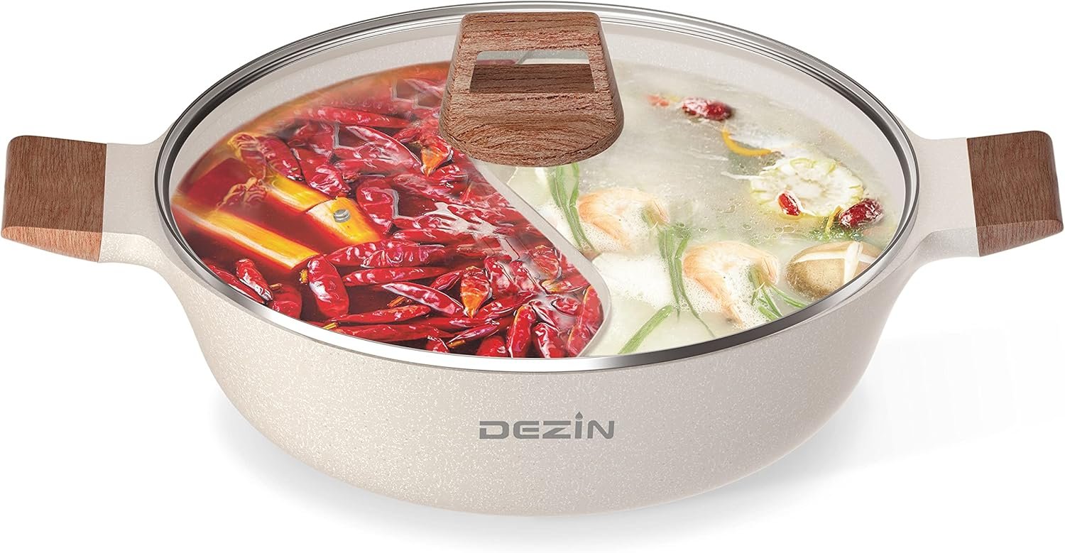 Dezin Double Flavor Hot Pot with Divider, Non-stick Shabu Shabu 5 Quart Double Sided 12 Inch Divided Pot for Induction Cooker
