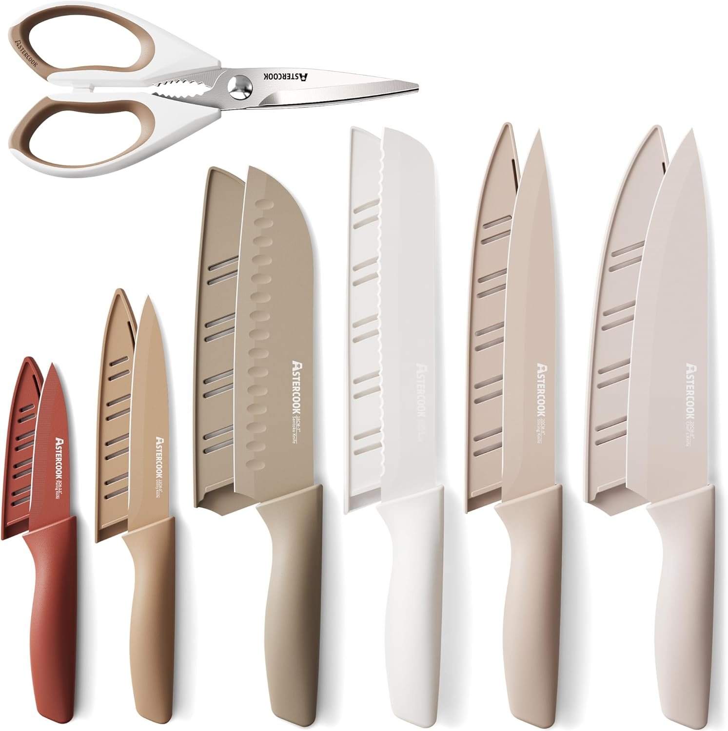 Astercook Knife Set, 13-piece kitchen knife set, healthy rust-resistant coating, dishwasher safe, stainless steel chef’s knife set with 6 blade protectors, the perfect holiday gift for the kitchen.